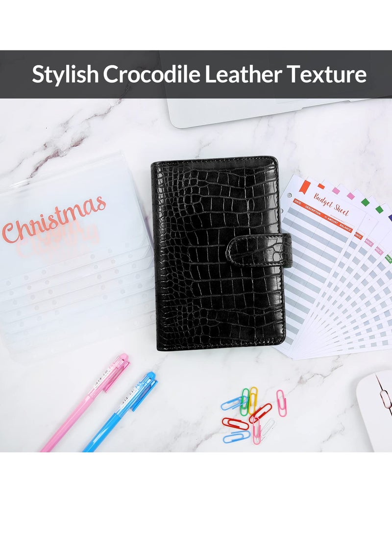 KASTWAVE Budget Binder with 8pcs Cash Envelopes for Budgeting, Crocodile Pattern A6 Binder with 2Pcs Label Stickers and 12Pcs Expense Trackers Money Organizer for Cash for Saving Binder(Black) - Image 2