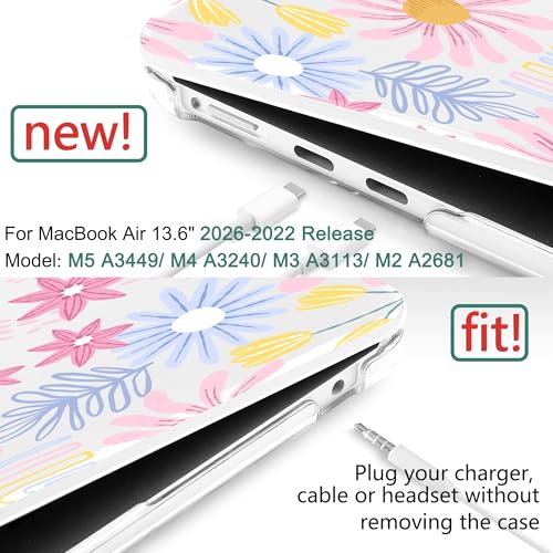 DONGKE for MacBook Air 136 Inch Case 2026 2025 20242022 A3449 A3240 A3113 A2681 M5 M4 M3 M2 Touch ID Plastic Hard Shell Keyboard Cover Type C Adapter for MacBook Air 13 inch Florals - Image 3