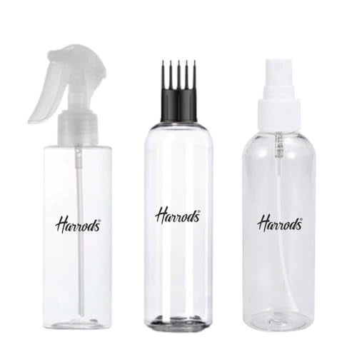 HARRODS Clear Refillable Spray & Applicator Bottle Set 200ml(Pack of 3)| Fine Mist and Trigger Spray & Oil Applicator Comb Bottle | Water, Styling & Liquid Use - Image 1