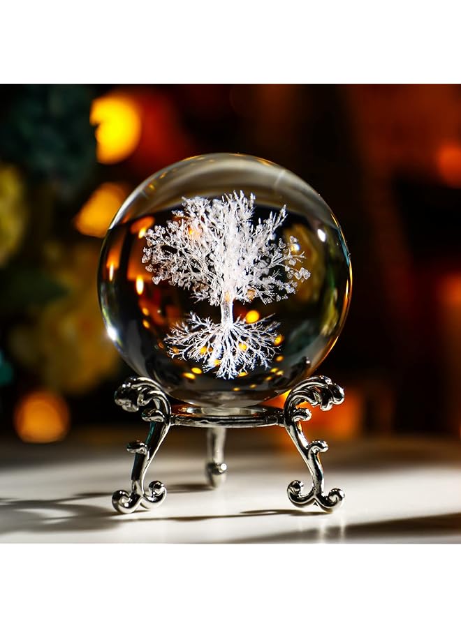 erorex 60Mm Tree Of Life Crystal Ball With Stand Decorative Paperweight 3D Laser Engraved Glass Plant Life Tree Sphere Novelty Home Decor  - Image 1