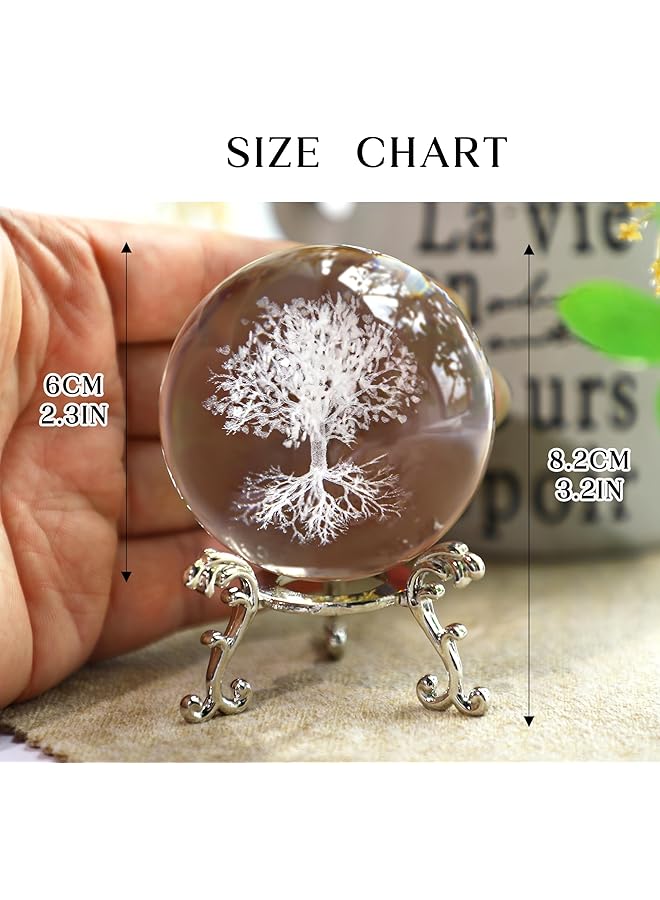 erorex 60Mm Tree Of Life Crystal Ball With Stand Decorative Paperweight 3D Laser Engraved Glass Plant Life Tree Sphere Novelty Home Decor  - Image 4