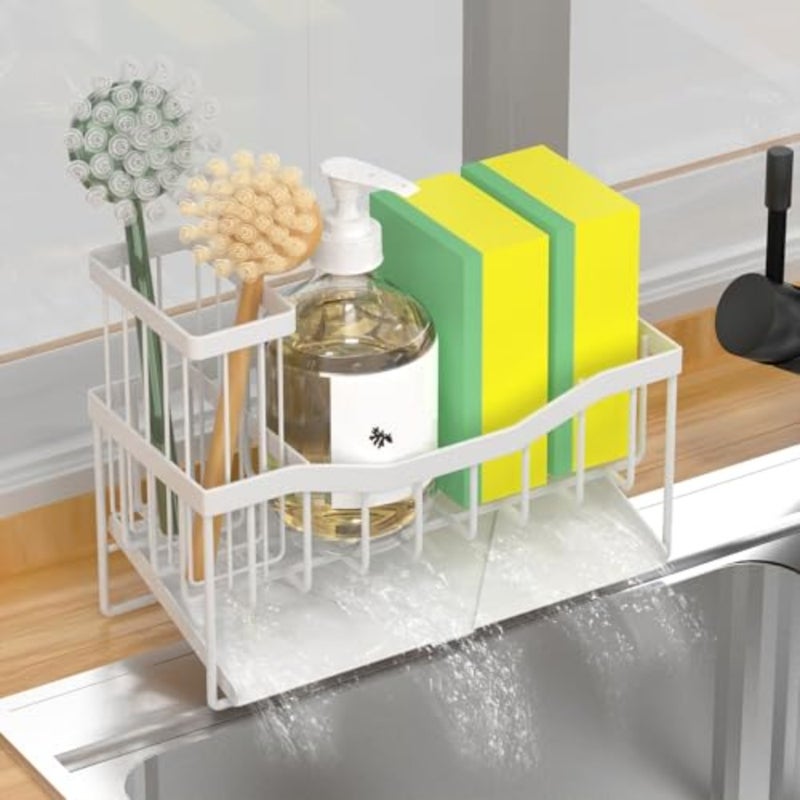 Sink Caddy Sponge Holder for Kitchen with Brush Holder and Stainless Steel Self Drain Tray, Rustproof Kitchen Sink Organizer for Sponge, Soap Dispenser Storage Accessories
