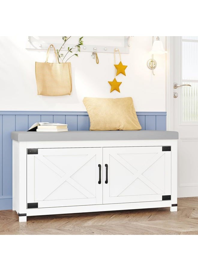 Hzuaneri Shoe Storage Bench, 2 Tier Shoe Bench with Padded Seat Cushion & 2 Barn Doors, Entryway Bench with Adjustable Shelf, Farmhouse Shoe Cabinet for Living Room, Bedroom, White SB26603GY - Image 1