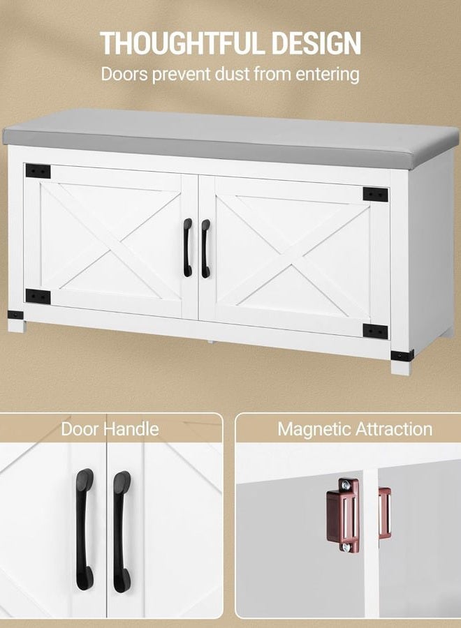 Hzuaneri Shoe Storage Bench, 2 Tier Shoe Bench with Padded Seat Cushion & 2 Barn Doors, Entryway Bench with Adjustable Shelf, Farmhouse Shoe Cabinet for Living Room, Bedroom, White SB26603GY - Image 5