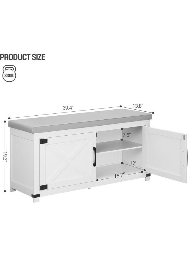 Hzuaneri Shoe Storage Bench, 2 Tier Shoe Bench with Padded Seat Cushion & 2 Barn Doors, Entryway Bench with Adjustable Shelf, Farmhouse Shoe Cabinet for Living Room, Bedroom, White SB26603GY - Image 2