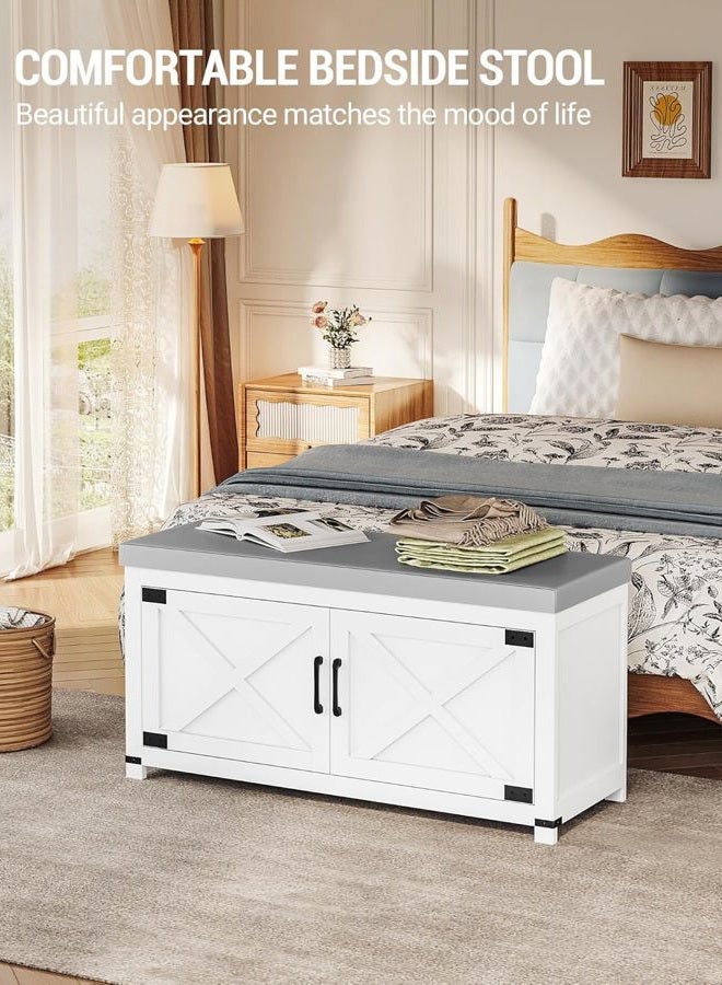 Hzuaneri Shoe Storage Bench, 2 Tier Shoe Bench with Padded Seat Cushion & 2 Barn Doors, Entryway Bench with Adjustable Shelf, Farmhouse Shoe Cabinet for Living Room, Bedroom, White SB26603GY - Image 4
