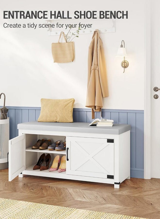 Hzuaneri Shoe Storage Bench, 2 Tier Shoe Bench with Padded Seat Cushion & 2 Barn Doors, Entryway Bench with Adjustable Shelf, Farmhouse Shoe Cabinet for Living Room, Bedroom, White SB26603GY - Image 3