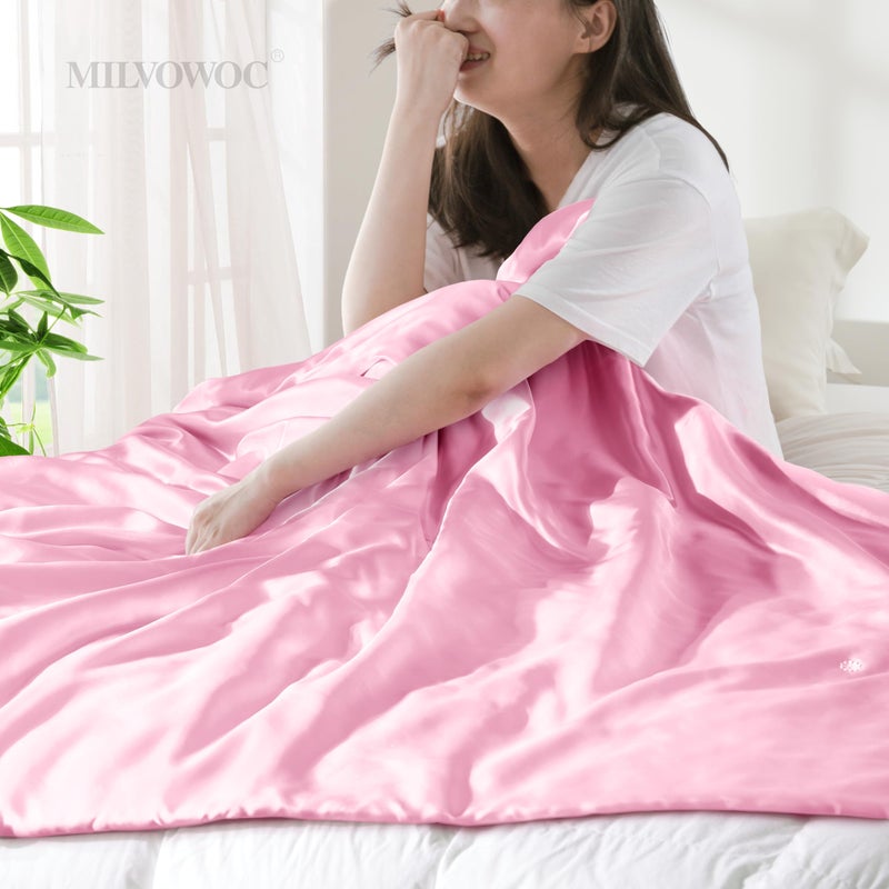 MILVOWOC ميلفووك أحمر الخدود الساتان الوردي رمي رمي بطانية - 50 × 60 بوصة تبريد قابلة للذنب خفيفة الوزن بطانية ناعمة ودافئة حريري بطانية لأريكة أريكة سرير في الهواء الطلق - Image 3