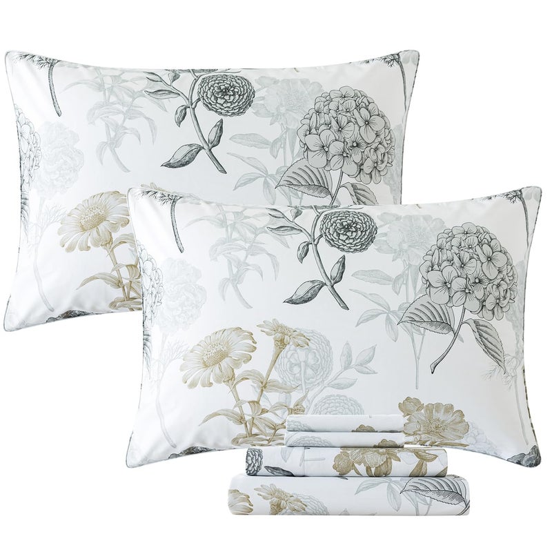 FADFAY FADFAY Queen Sheets Set Percale Cotton Grey Floral Bed Sheets Deep Pocket Fitted Sheet  Luxury Ink Vintage Grey Hydrangea Printed Shabby White Bedding for All Season  Super Soft Crisp & Cool  4 Pcs  - Image 1