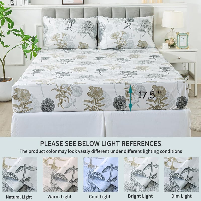 FADFAY FADFAY Queen Sheets Set Percale Cotton Grey Floral Bed Sheets Deep Pocket Fitted Sheet  Luxury Ink Vintage Grey Hydrangea Printed Shabby White Bedding for All Season  Super Soft Crisp & Cool  4 Pcs  - Image 5