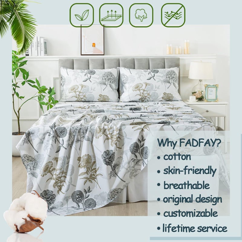 FADFAY FADFAY Queen Sheets Set Percale Cotton Grey Floral Bed Sheets Deep Pocket Fitted Sheet  Luxury Ink Vintage Grey Hydrangea Printed Shabby White Bedding for All Season  Super Soft Crisp & Cool  4 Pcs  - Image 3