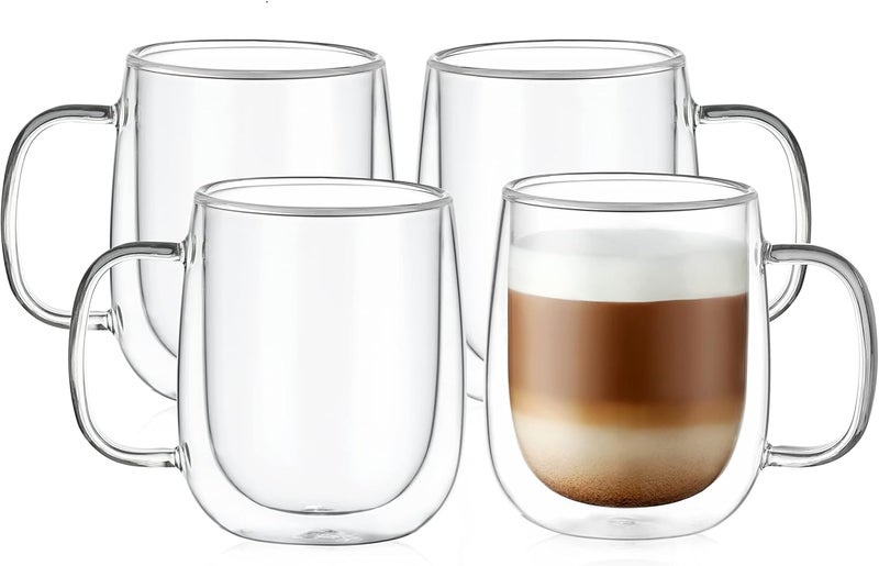 CnGlass Large Double Wall Glass Coffee Mug 15.2oz,Clear Insulated Glass Espresso Cup with Big Handle,Clear Glass Espresso Mugs for Latte,Cappuccino,Tea Bag,Hot and Cold Beverages,set of 4 - Image 1