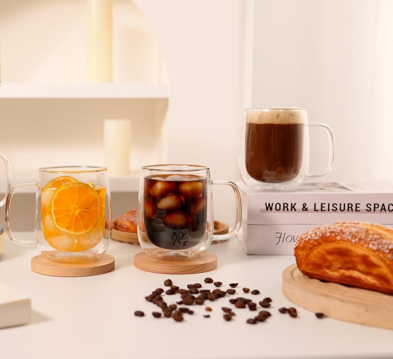CnGlass Large Double Wall Glass Coffee Mug 15.2oz,Clear Insulated Glass Espresso Cup with Big Handle,Clear Glass Espresso Mugs for Latte,Cappuccino,Tea Bag,Hot and Cold Beverages,set of 4 - Image 2
