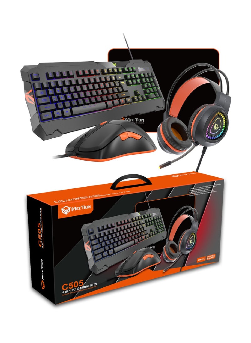 Meetion MT-C505 4 in 1 Gaming Combo Kit Anti Ghost RGB Gaming Keyboard 5+1 Buttons 3200DPI Gaming Mouse, Backlit Gaming Headphone With Omni Directional Microphone, High Precision Gaming Mouse Pad  - Image 1