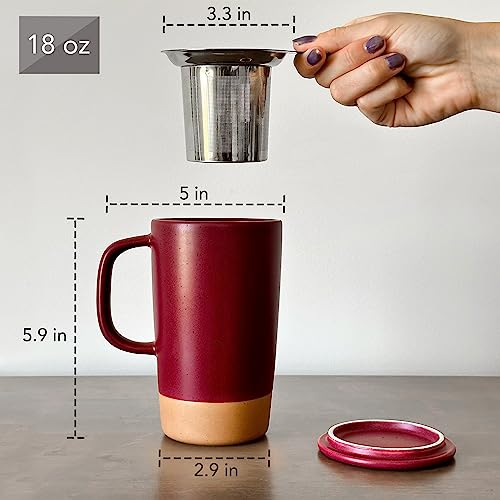 Mora Ceramics Large Tea Mug with Loose Leaf Infuser and Ceramic Lid, 18 oz, Portable, Microwave and Dishwasher Safe, Tall Coffee Cup - Rustic Matte Ceramic Glaze, Modern Herbal Tea Strainer, Merlot - Image 3