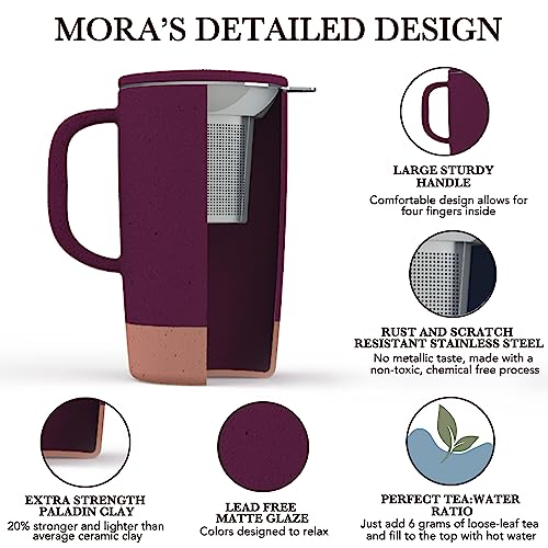 Mora Ceramics Large Tea Mug with Loose Leaf Infuser and Ceramic Lid, 18 oz, Portable, Microwave and Dishwasher Safe, Tall Coffee Cup - Rustic Matte Ceramic Glaze, Modern Herbal Tea Strainer, Merlot - Image 2