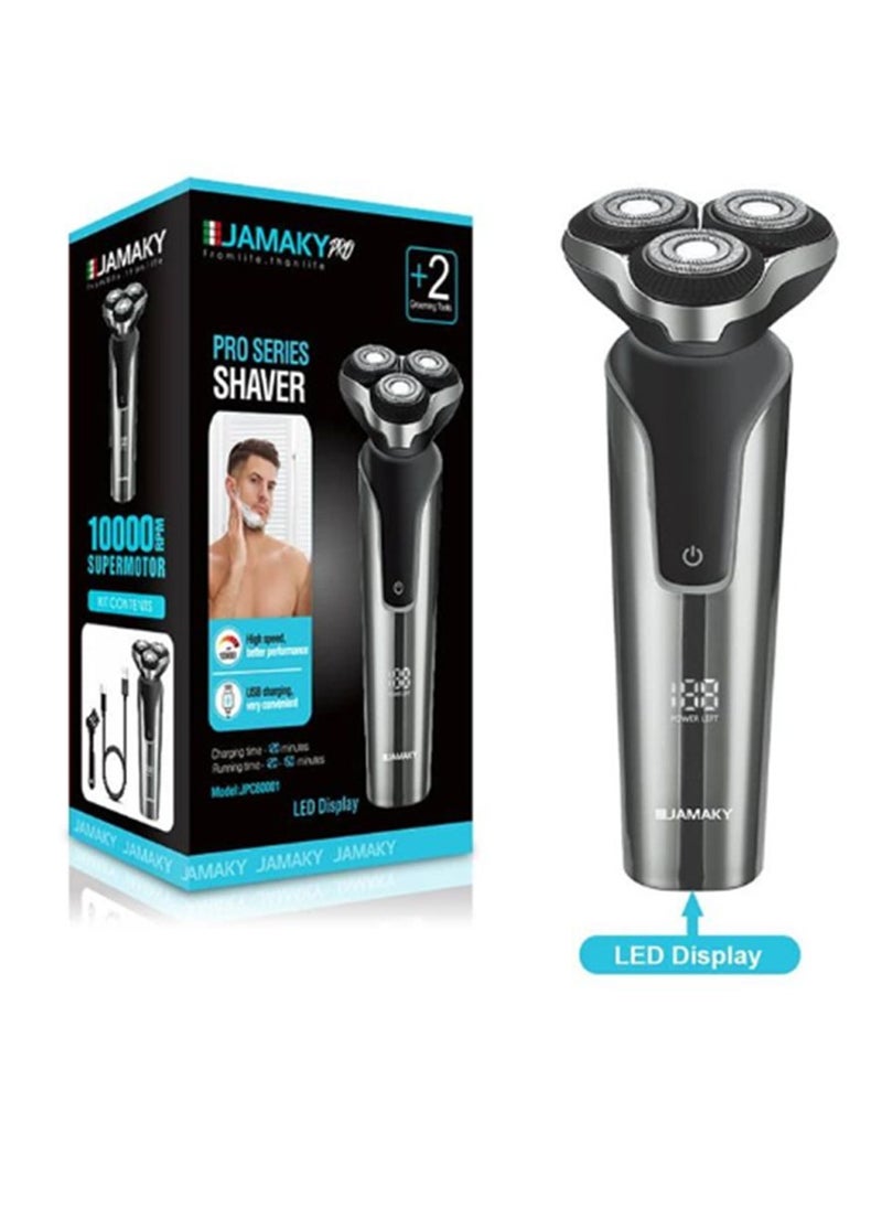 JAMAKY Italy Electric Pro Series Shaver rotary rechargeable JPC60001 (3 floating heads) With Led Display with Italian technology - Super Motor 10000Rpm  - Image 1