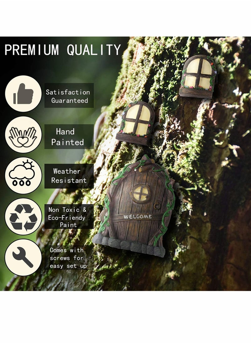 Fairy Door for Tree Decorations Miniature Fairy Garden Accessories Creative Courtyard Garden Tree Hanging 2 Windows and 1 Door 1 Light