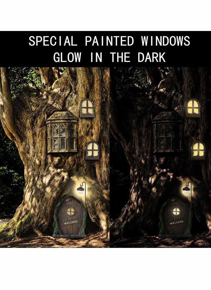 Fairy Door for Tree Decorations Miniature Fairy Garden Accessories Creative Courtyard Garden Tree Hanging 2 Windows and 1 Door 1 Light