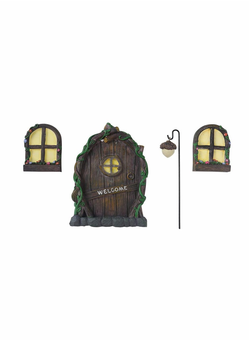 Fairy Door for Tree Decorations Miniature Fairy Garden Accessories Creative Courtyard Garden Tree Hanging 2 Windows and 1 Door 1 Light