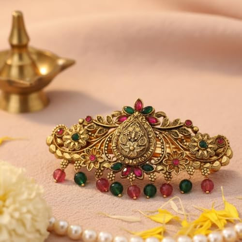 JWELLA Gold-Plated Antique Hair Clip with Pink & Green Stones & Drops Bridal & Festive Accessory (Design 3) - Image 3