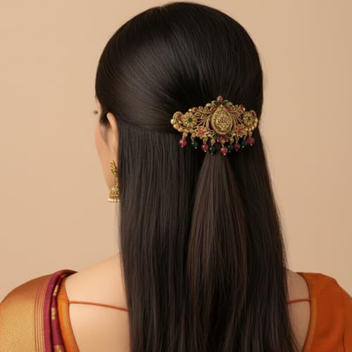 JWELLA Gold-Plated Antique Hair Clip with Pink & Green Stones & Drops Bridal & Festive Accessory (Design 3) - Image 4