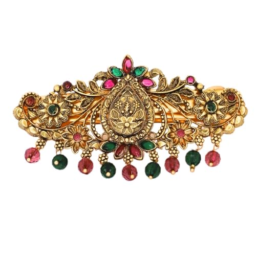 JWELLA Gold-Plated Antique Hair Clip with Pink & Green Stones & Drops Bridal & Festive Accessory (Design 3) - Image 2