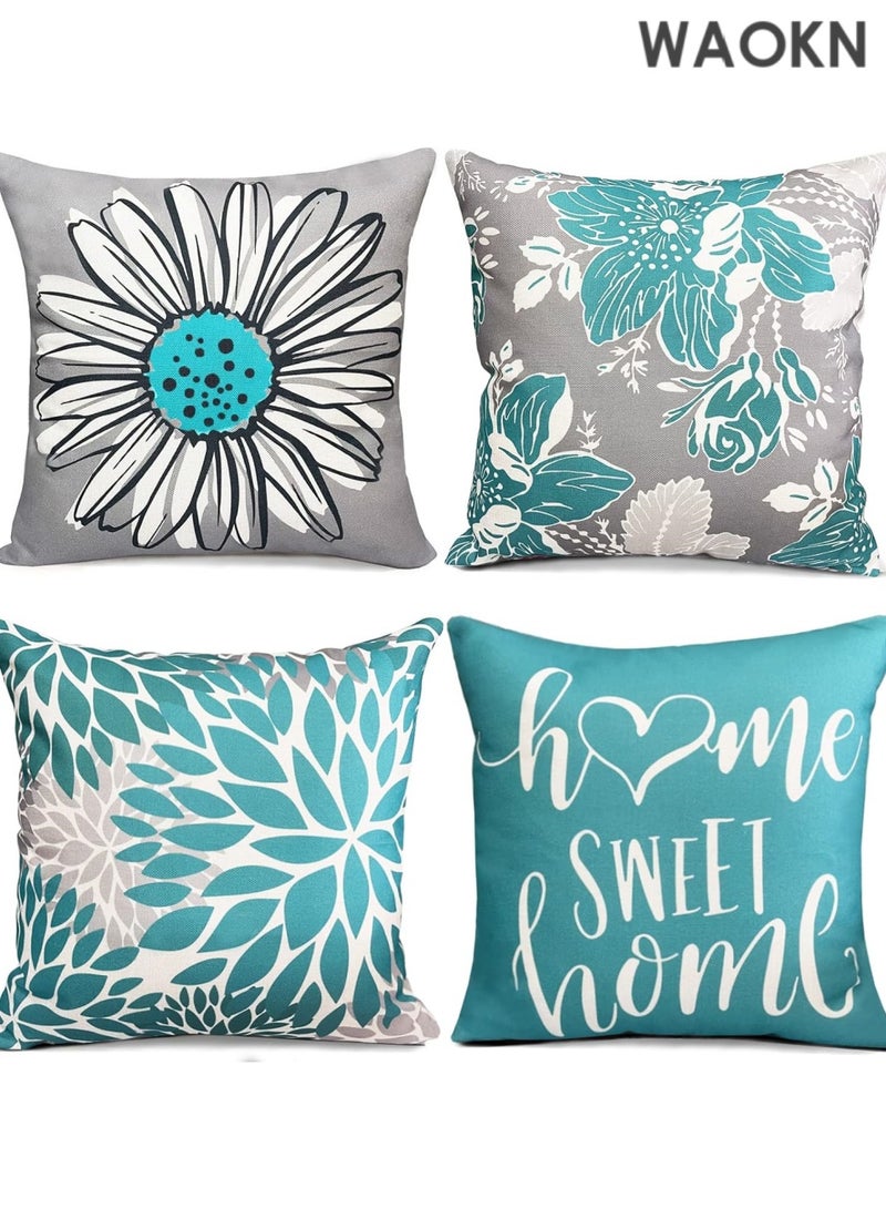 دبليو أيه أو كي أن أغطية وسائد مزخرفة من الكتان باللون الأزرق المخضر مقاس 18 × 18، أغطية وسائد للأريكة أو السرير أو غرفة المعيشة، مجموعة من 4 قطع، أغطية وسائد خارجية، غطاء وسادة مربع بوهو، ديكور منزلي ريفي - Image 1
