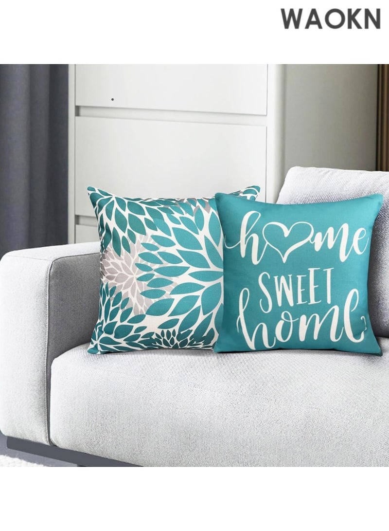 دبليو أيه أو كي أن أغطية وسائد مزخرفة من الكتان باللون الأزرق المخضر مقاس 18 × 18، أغطية وسائد للأريكة أو السرير أو غرفة المعيشة، مجموعة من 4 قطع، أغطية وسائد خارجية، غطاء وسادة مربع بوهو، ديكور منزلي ريفي - Image 4