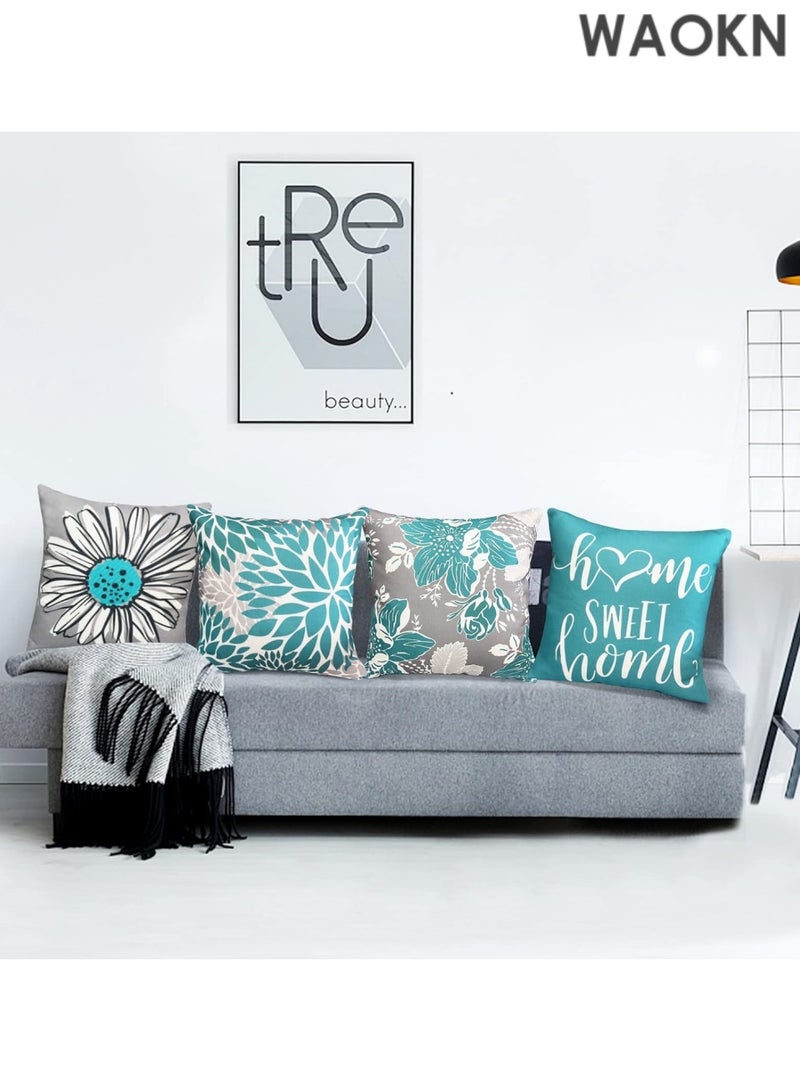 دبليو أيه أو كي أن أغطية وسائد مزخرفة من الكتان باللون الأزرق المخضر مقاس 18 × 18، أغطية وسائد للأريكة أو السرير أو غرفة المعيشة، مجموعة من 4 قطع، أغطية وسائد خارجية، غطاء وسادة مربع بوهو، ديكور منزلي ريفي - Image 2