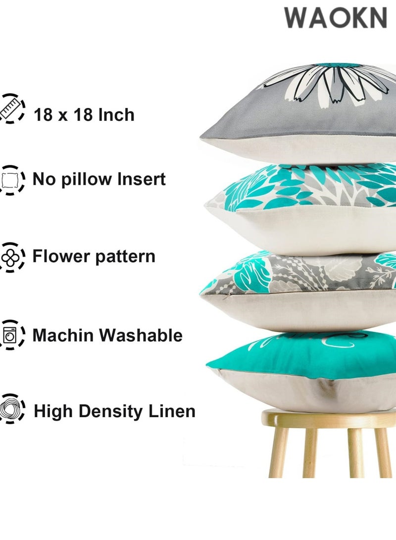 دبليو أيه أو كي أن أغطية وسائد مزخرفة من الكتان باللون الأزرق المخضر مقاس 18 × 18، أغطية وسائد للأريكة أو السرير أو غرفة المعيشة، مجموعة من 4 قطع، أغطية وسائد خارجية، غطاء وسادة مربع بوهو، ديكور منزلي ريفي - Image 3