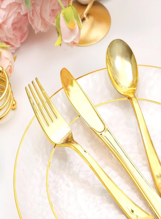 BONSINY 150 Pcs Plastic Dinnerware Set Disposable for 25 Guests - Clear Plates with Gold Trim, Fancy Plastic Plates for Party Wedding Birthday Halloween - Image 3