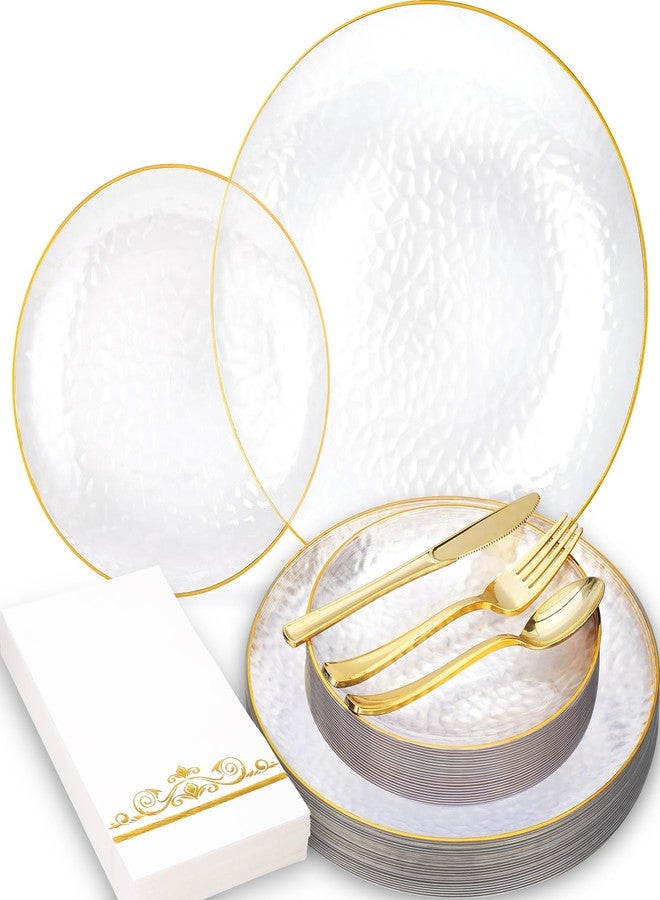 BONSINY 150 Pcs Plastic Dinnerware Set Disposable for 25 Guests - Clear Plates with Gold Trim, Fancy Plastic Plates for Party Wedding Birthday Halloween - Image 1