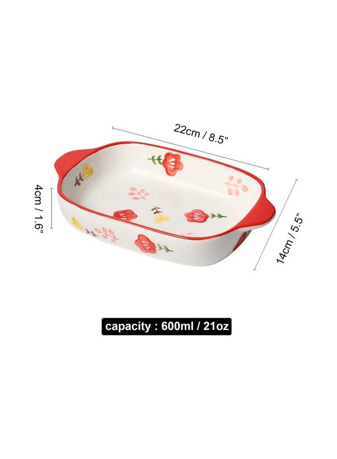 OLWICK طبق خبز سيراميك OLWICK® مزخرف بزهور، طبق كسرولة مستطيل مع مقبض للفرن، صينية خبز سيراميكية، صينية لازانيا، أدوات خبز فردية 9x5 بوصة - أحمر - عبوة من 1، 600 مل - Image 3