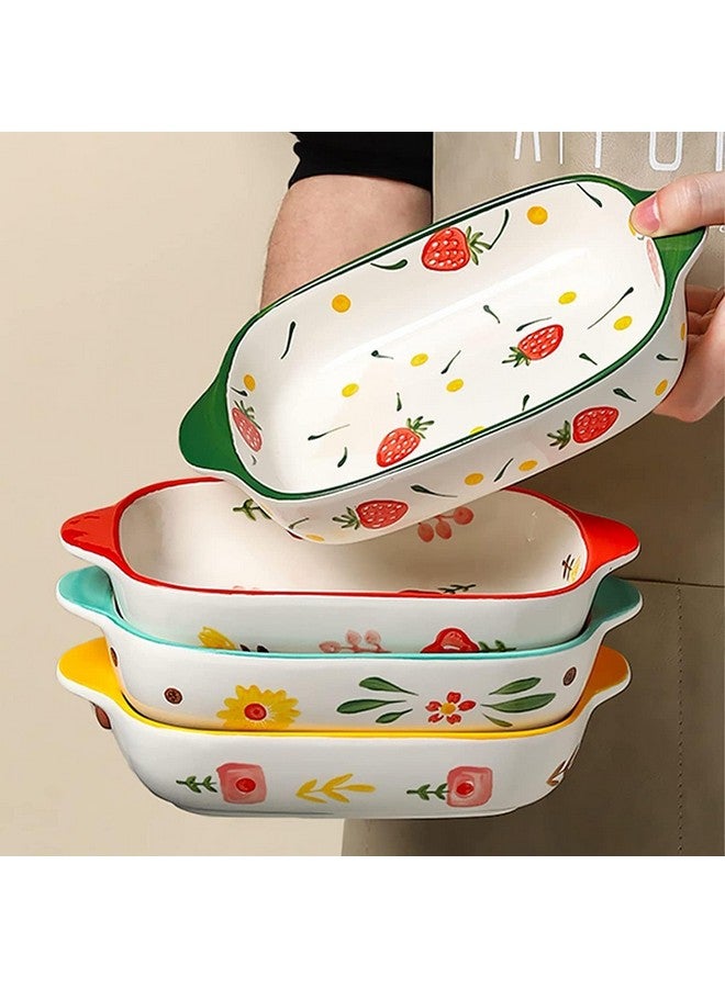 OLWICK طبق خبز سيراميك OLWICK® مزخرف بزهور، طبق كسرولة مستطيل مع مقبض للفرن، صينية خبز سيراميكية، صينية لازانيا، أدوات خبز فردية 9x5 بوصة - أحمر - عبوة من 1، 600 مل - Image 2