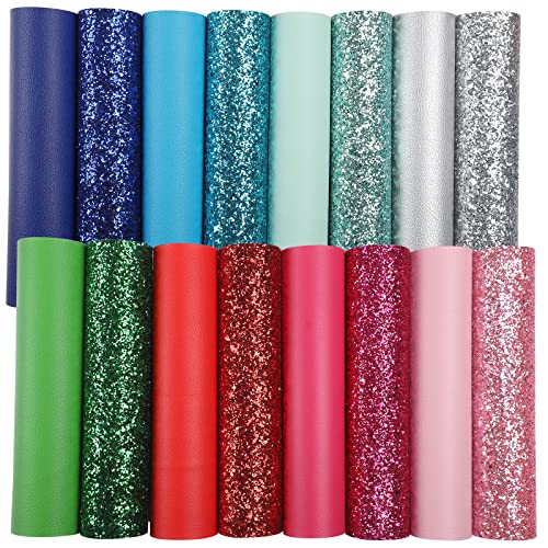 Picheng Texture Chunky Glitter Faux Leather Sheets: 8Pcs Mixed Chunky Glitter + 8Pcs Solid Grain Colors, 8.2x6 Inch A5 Mixed Bundle for DIY Craft Bows Earrings Making - Image 1