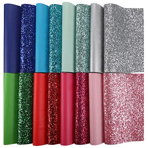 Picheng Texture Chunky Glitter Faux Leather Sheets: 8Pcs Mixed Chunky Glitter + 8Pcs Solid Grain Colors, 8.2x6 Inch A5 Mixed Bundle for DIY Craft Bows Earrings Making - Image 4