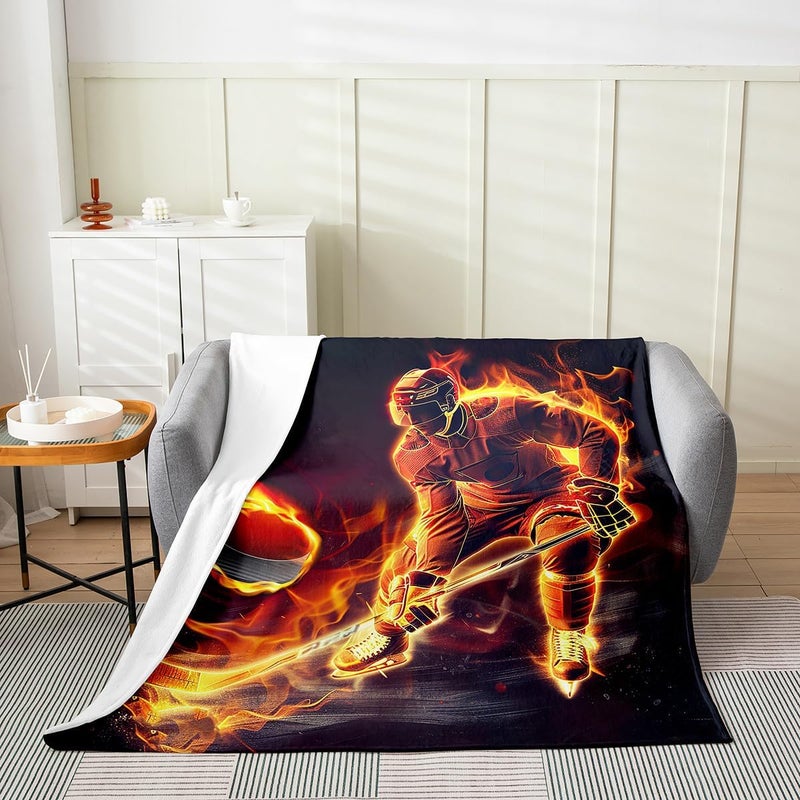 Feelyou Flame Hockey Player Fleece Throw Blanket for Bed Sofa Couch,Kids Winter Sports Event Fuzzy Blanket,All Season Hockey Punk Bed Blanket Room Decor Plush Blanket Hockey Stadium 40"x50" - Image 3