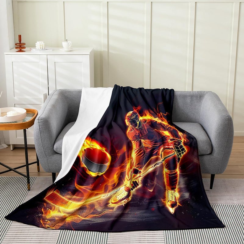 Feelyou Flame Hockey Player Fleece Throw Blanket for Bed Sofa Couch,Kids Winter Sports Event Fuzzy Blanket,All Season Hockey Punk Bed Blanket Room Decor Plush Blanket Hockey Stadium 40"x50" - Image 1