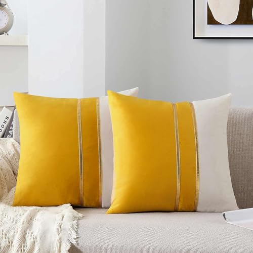 AEROHAVEN™ Set of 2 Premium Velvet with Gold Stripes Decorative Throw Pillow/Cushion Covers with Invisible Zipper - (24 x 24 Inch, Yellow) - Image 1