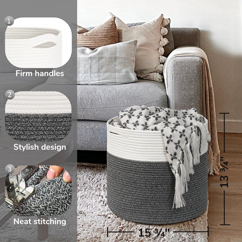 Goodpick Large Cotton Rope Basket Blanket Basket Living Room 15.8""X15.8""X13.8"" Baby Toy Storage Woven Storage Gray - Image 3