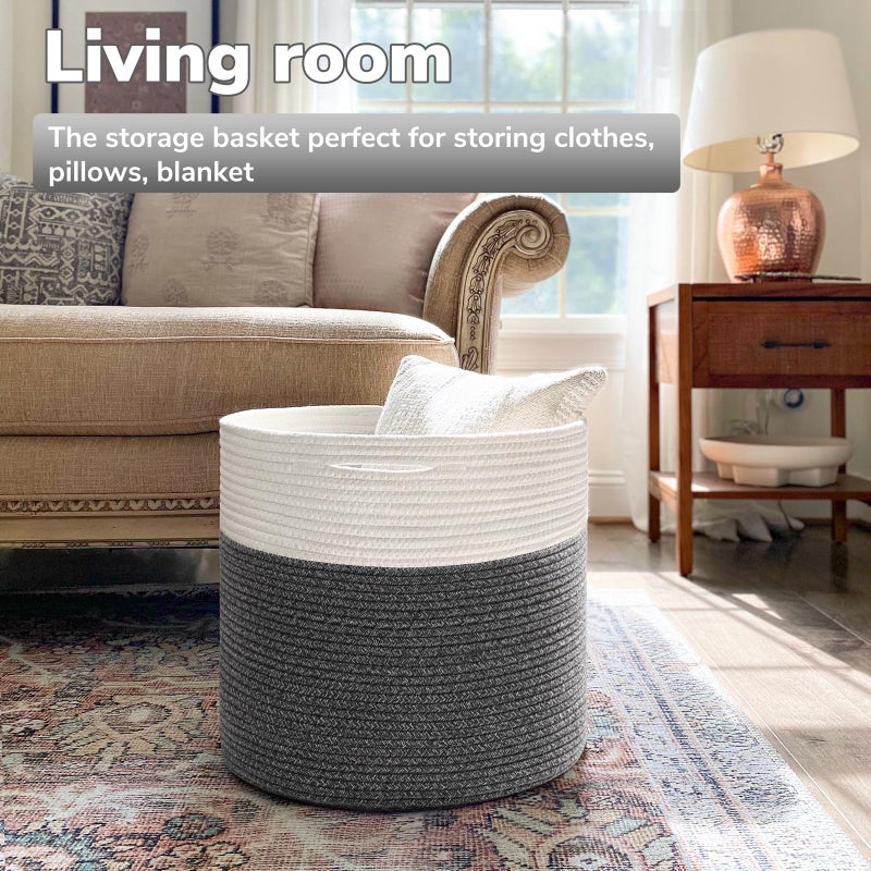 Goodpick Large Cotton Rope Basket Blanket Basket Living Room 15.8""X15.8""X13.8"" Baby Toy Storage Woven Storage Gray - Image 2