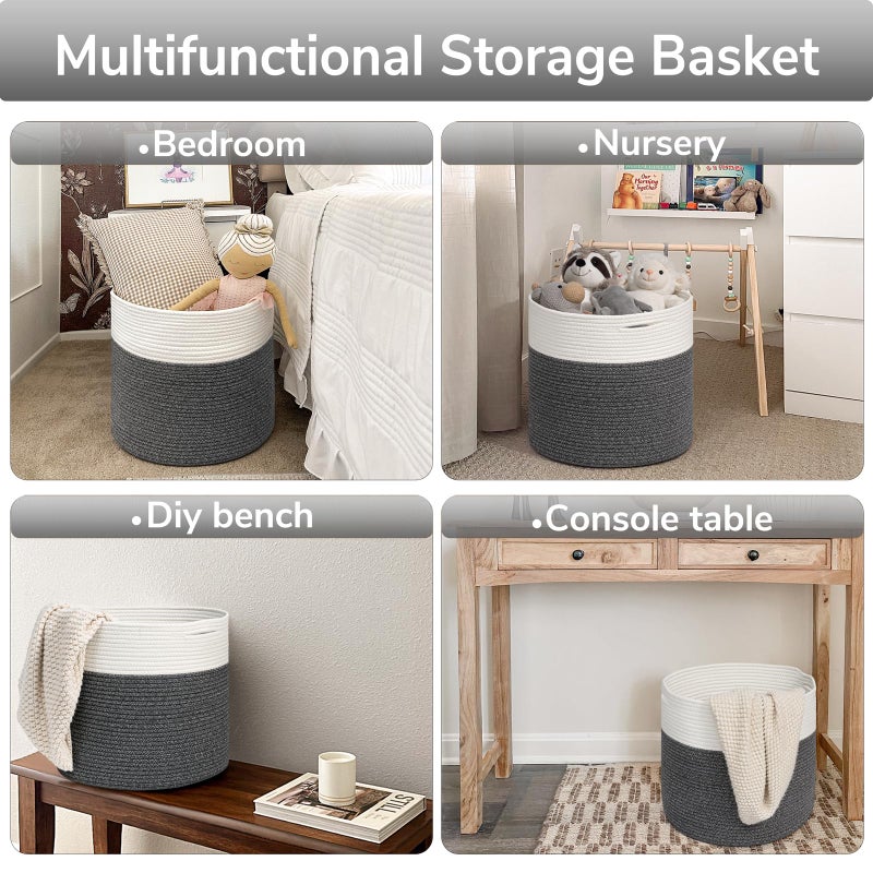 Goodpick Large Cotton Rope Basket Blanket Basket Living Room 15.8""X15.8""X13.8"" Baby Toy Storage Woven Storage Gray - Image 4