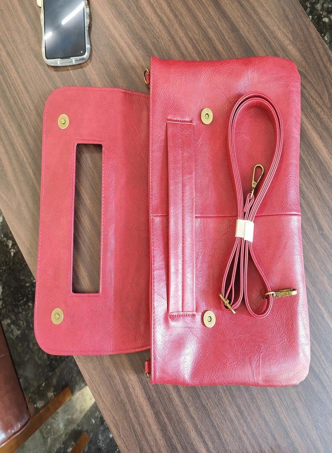 NIGEDU Women Handbags PU Leather Female Clutch Handbag Messenger Bag Large Solid High Capacity (Red) - Image 4