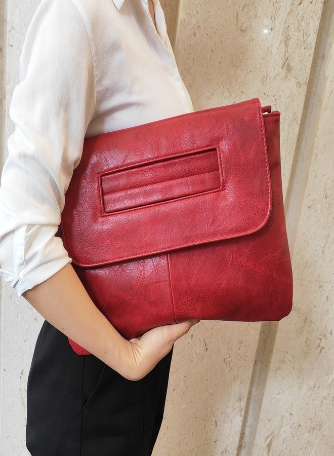 NIGEDU Women Handbags PU Leather Female Clutch Handbag Messenger Bag Large Solid High Capacity (Red) - Image 2