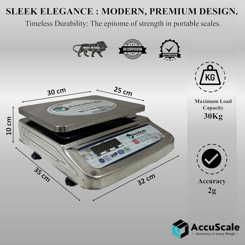 AccuScale ميزان دقيق AccuScale AS01 سعة 30 كجم × 2 جرام دقة من الفولاذ المقاوم للصدأ مع شاشة رقمية خضراء أمامية وخلفية 10x12 بوصة مع بطارية احتياطية لمدة 40 ساعة - Image 2