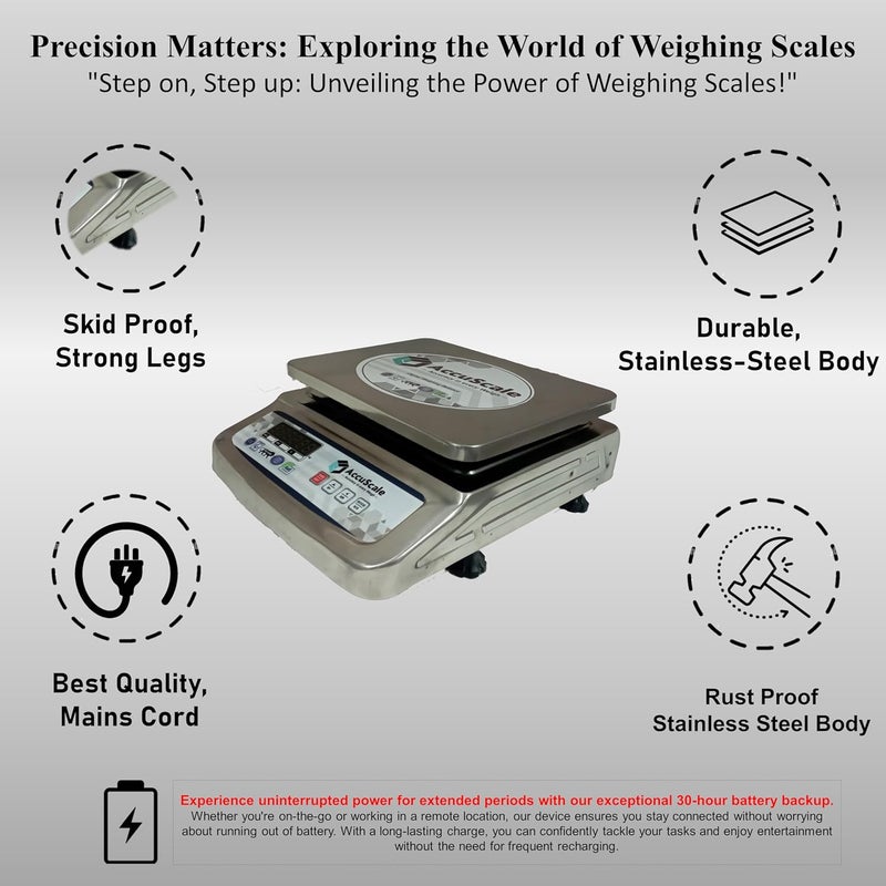 AccuScale ميزان دقيق AccuScale AS01 سعة 30 كجم × 2 جرام دقة من الفولاذ المقاوم للصدأ مع شاشة رقمية خضراء أمامية وخلفية 10x12 بوصة مع بطارية احتياطية لمدة 40 ساعة - Image 3