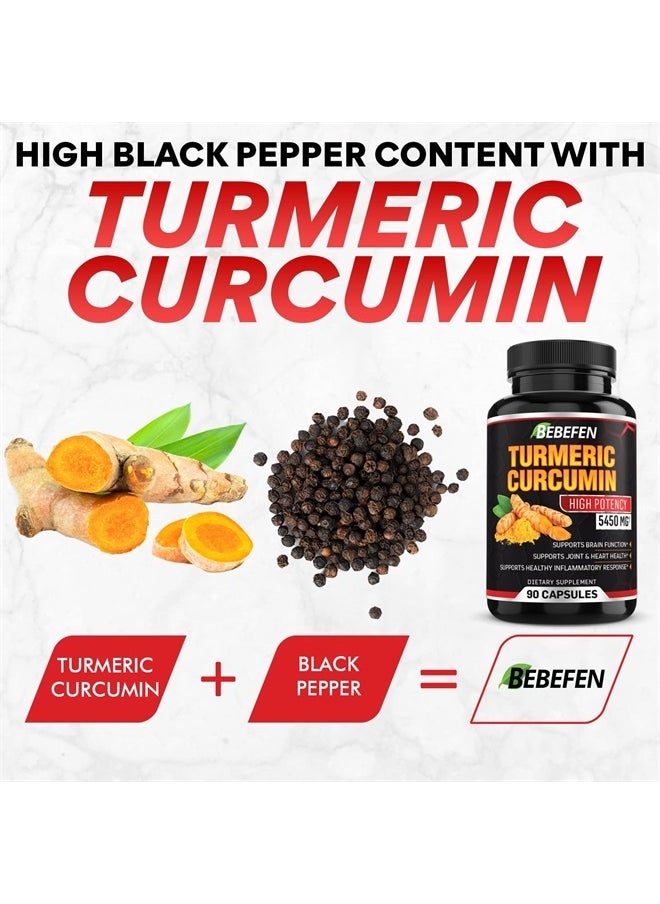 BEBEFEN - Turmeric Curcumin Capsules - 95% Curcuminoids 5450mg Formula Pills with Black Pepper Extract - 90 Capsules Turmeric Supplement for Joint, Healthy Inflammatory & Immune Support - 3 Month Supply - Image 1