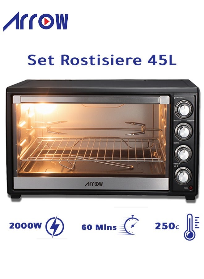 Arrow 45L Electric Oven, 2000W | Rotisserie & Grill Function | Power Indicator Light | 60-Minute Timer with Auto Shut-Off Bell | Temperature Control up to 250°C | 4 PCS Stainless Steel Heating Elements | Heat-Resistant Glass Window | 2-Year Warranty | Model Name: RO-45EOB - Image 1