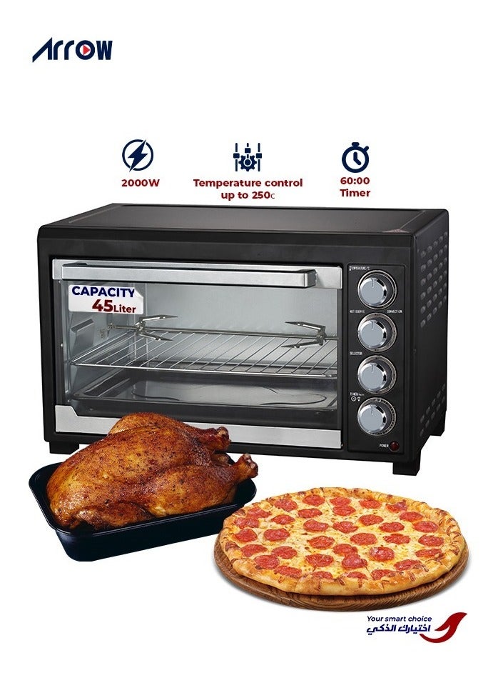 Arrow 45L Electric Oven, 2000W | Rotisserie & Grill Function | Power Indicator Light | 60-Minute Timer with Auto Shut-Off Bell | Temperature Control up to 250°C | 4 PCS Stainless Steel Heating Elements | Heat-Resistant Glass Window | 2-Year Warranty | Model Name: RO-45EOB - Image 5